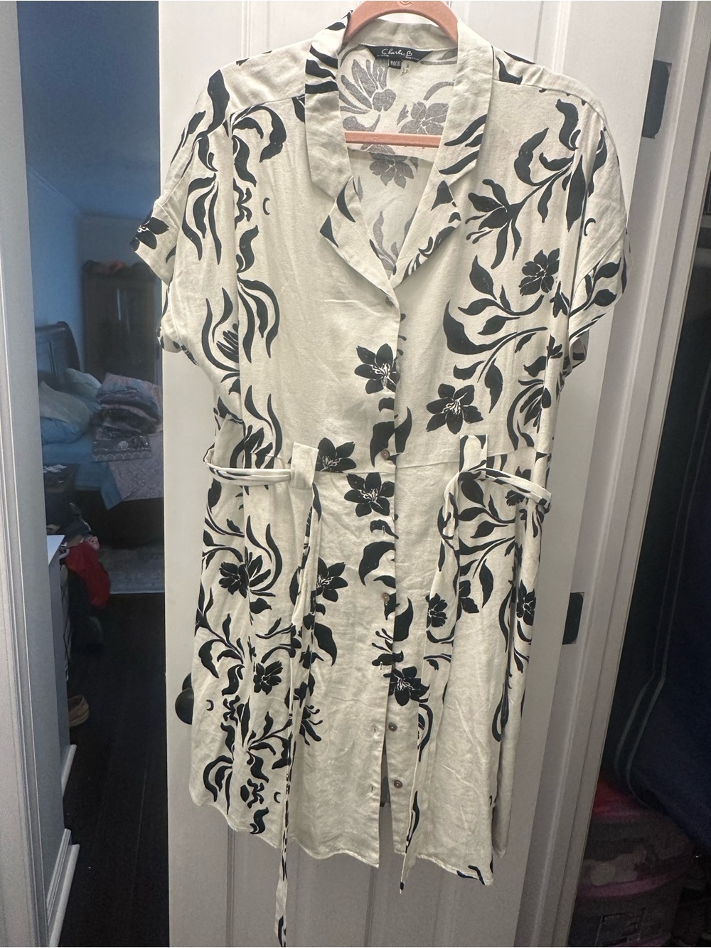 CHARLIE B Cream Short Sleeve Button Front Belted Dress with Black Floral Print